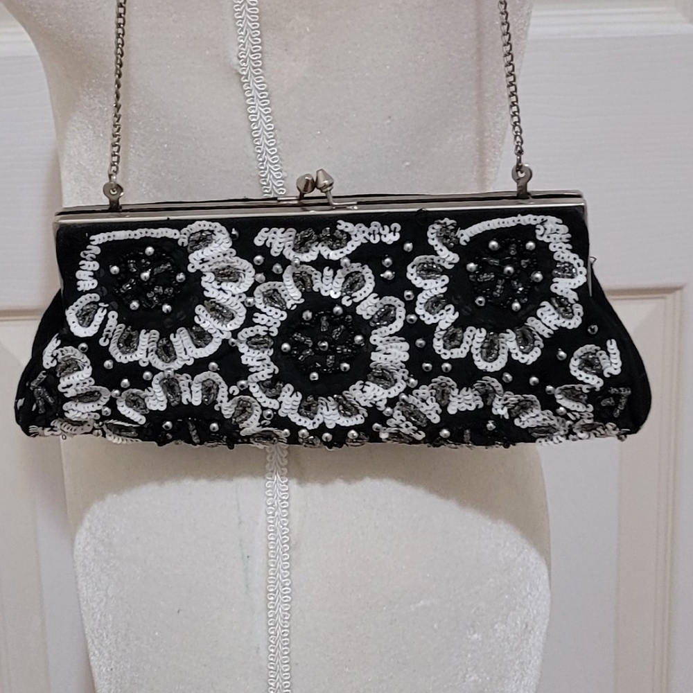 White House Black Market Black White Sequin  Beaded Clutch